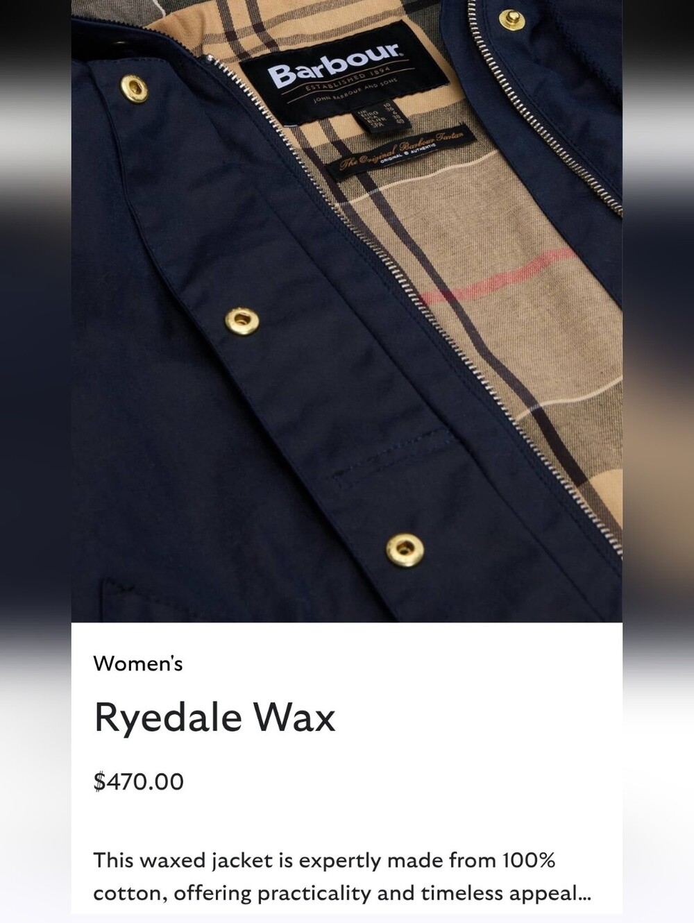 Barbour NWOT Ryedale Waxed Cotton Women's Jacket Sz 8 Deep NAVY - Picture 9 of 16